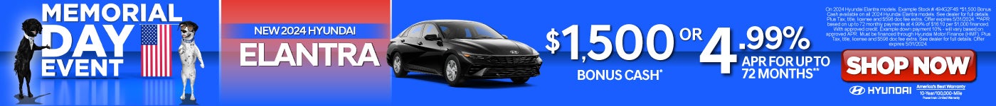 New 2024 Hyundai Elantra - $1,500 Bonus Cash or 4.99% APR - Act Now